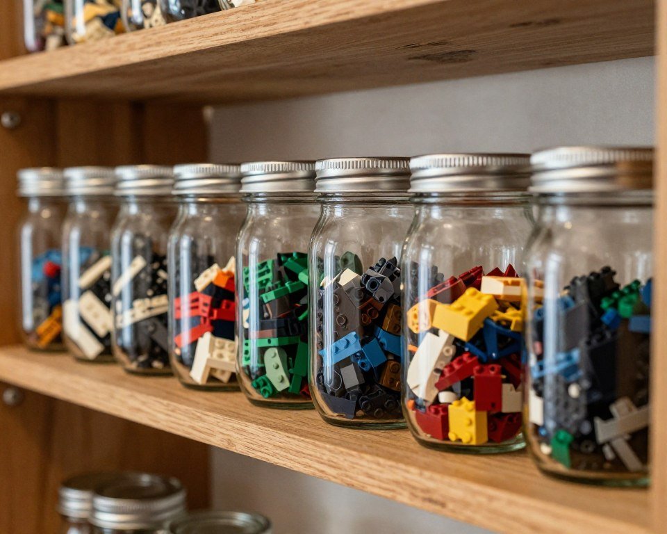 mason jars filled with sorted lego bricks on shelf