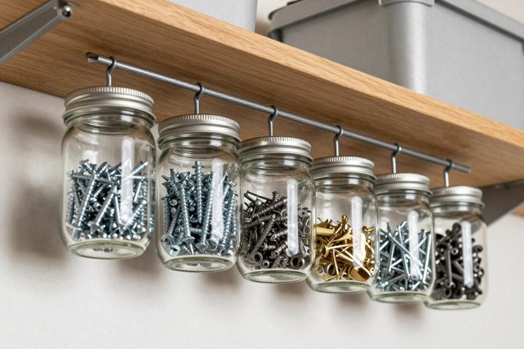 mason jars mounted under shelf for storage