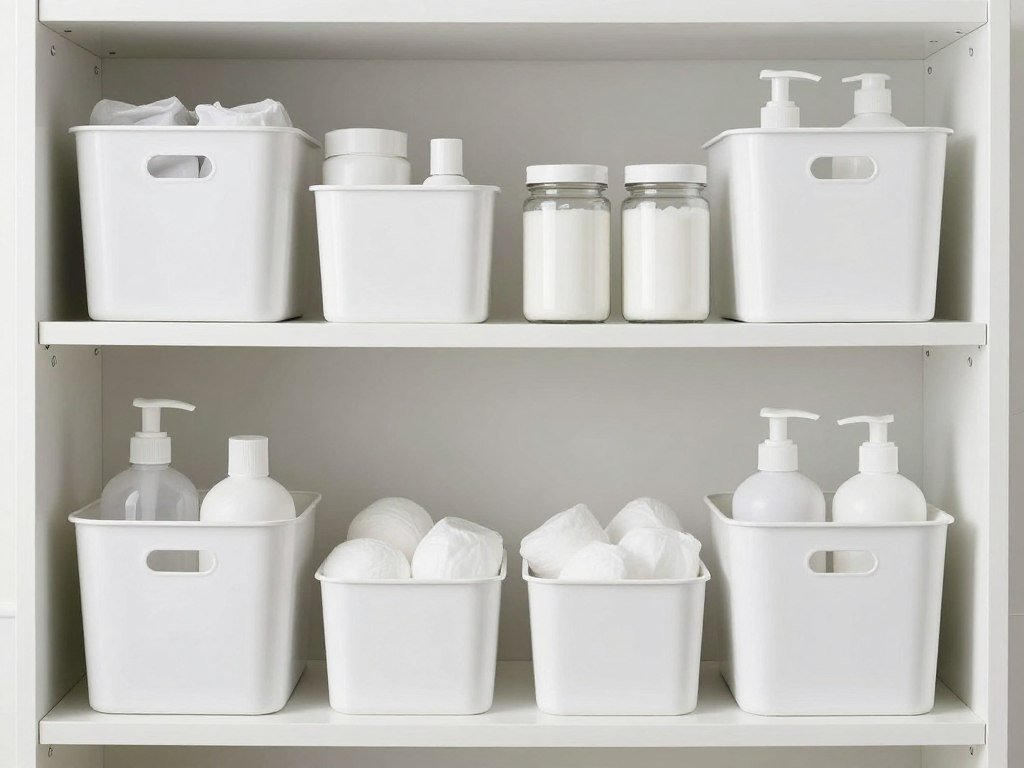 matching white bathroom storage containers and baskets