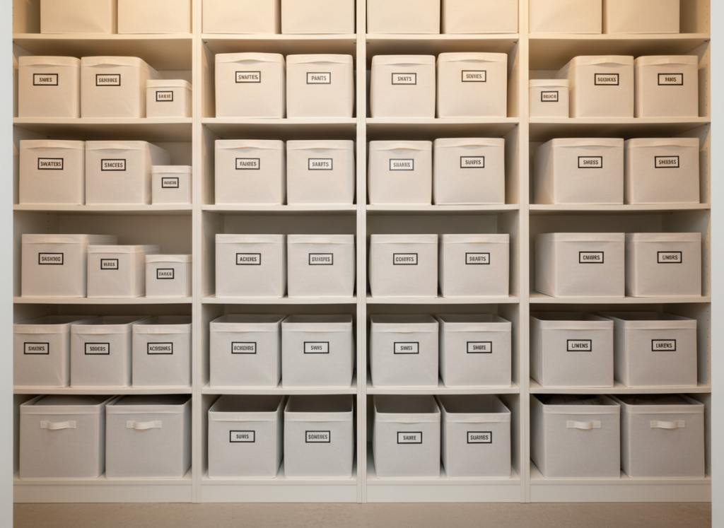 matching white storage bins creating cohesive organized closet appearance