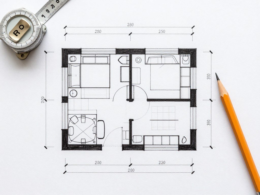 measurement tools and floor plan sketch for laundry room