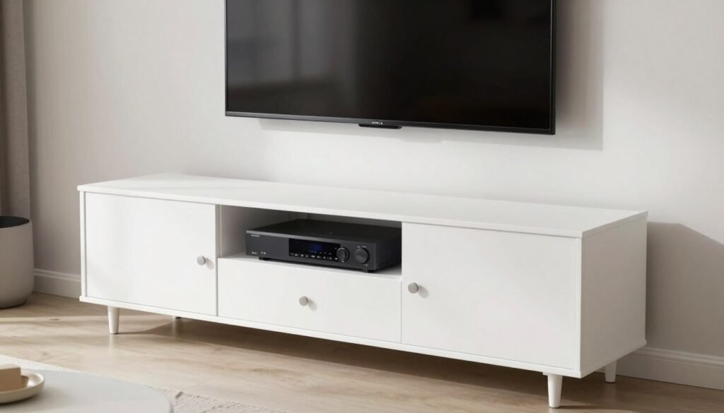 media console with closed cabinet doors in small living room