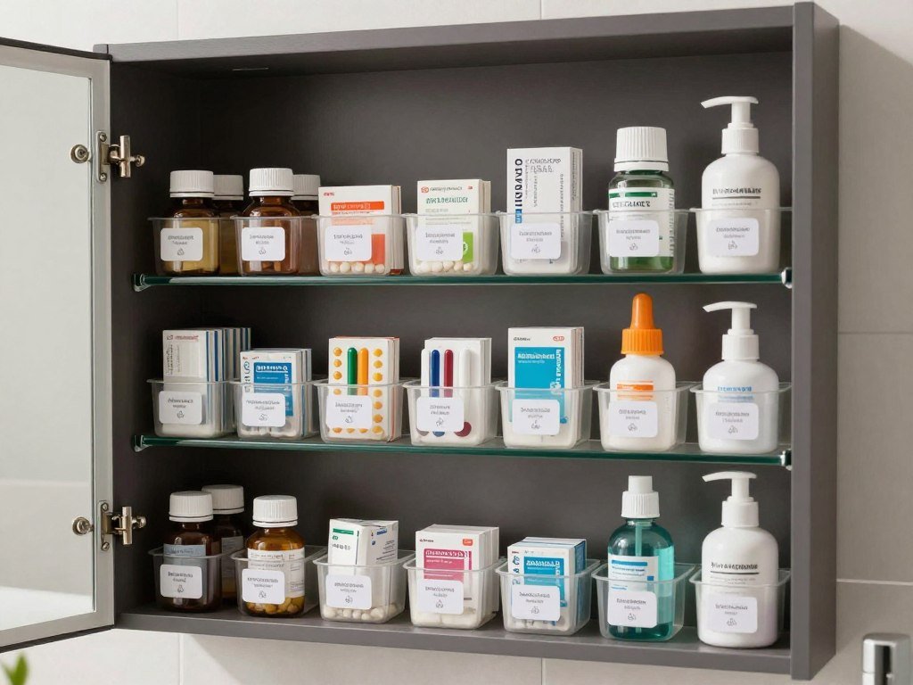 medicine cabinet shelves with categorized storage bins