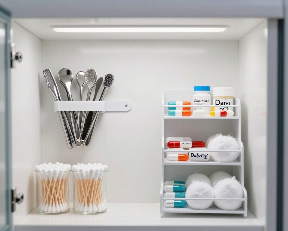 medicine cabinet with magnetic organizers and bins