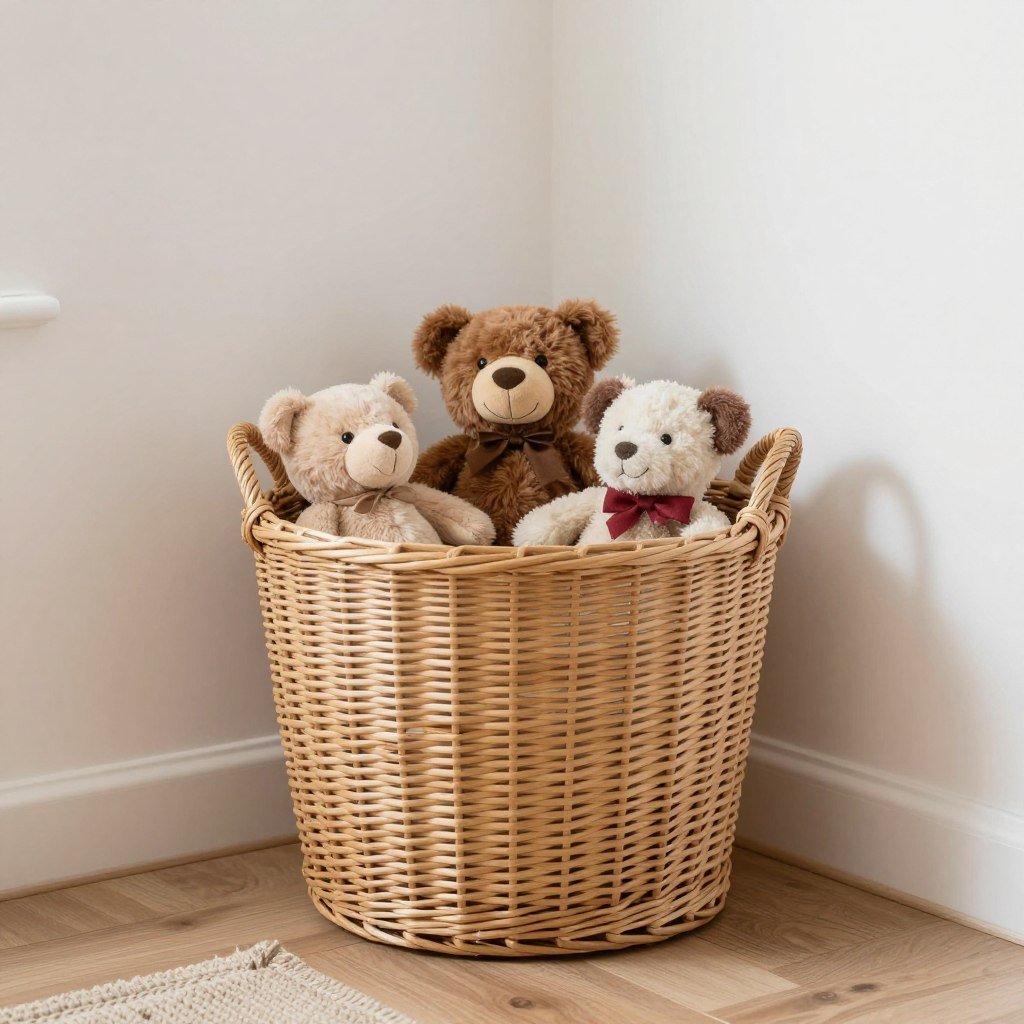 medium wicker basket with stuffed animals in playroom