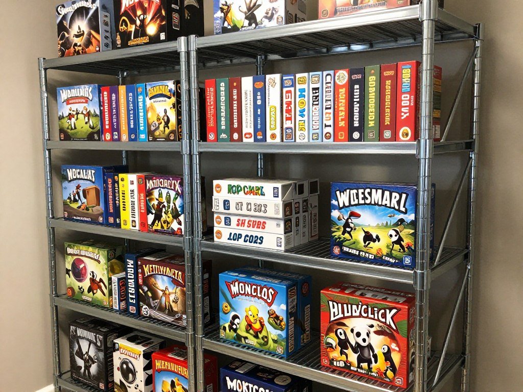 metal industrial shelving with extensive board game collection