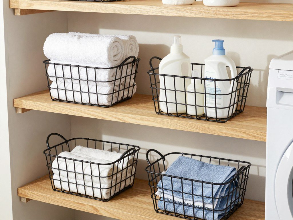 metal wire baskets on wooden shelves in modern laundry room metal wire baskets on wooden shelves in modern laundry room