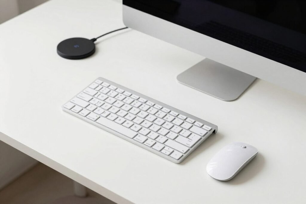 minimalist desk setup with wireless peripherals