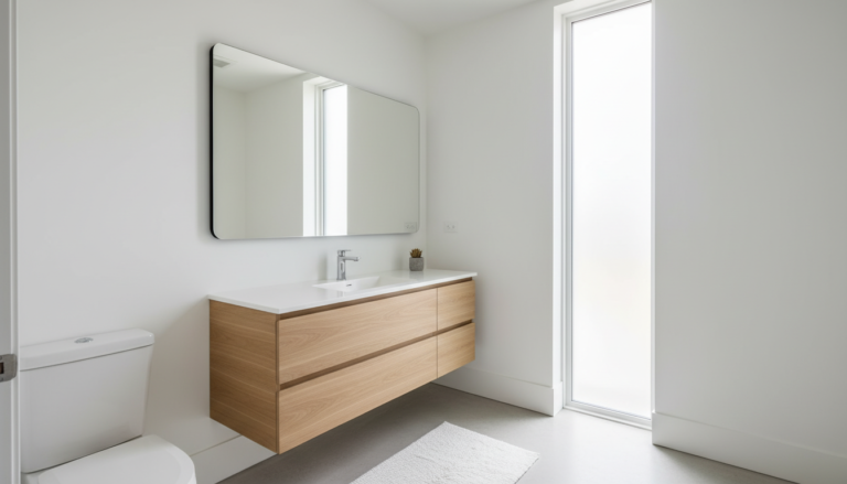 minimalist small bathroom aesthetic with white walls and floating vanity