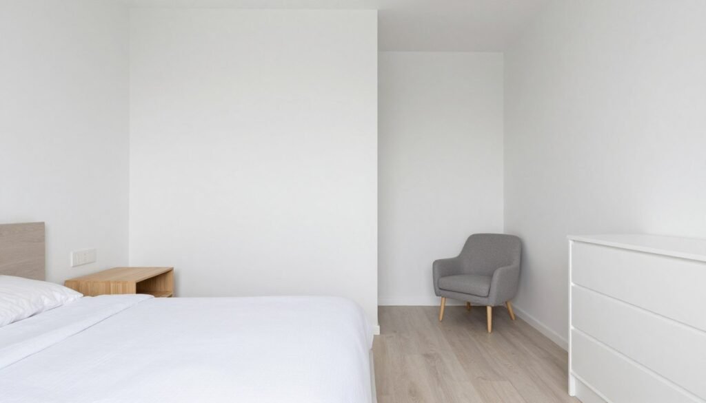 minimalist small guest bedroom with essential furniture pieces arranged efficiently for maximum space