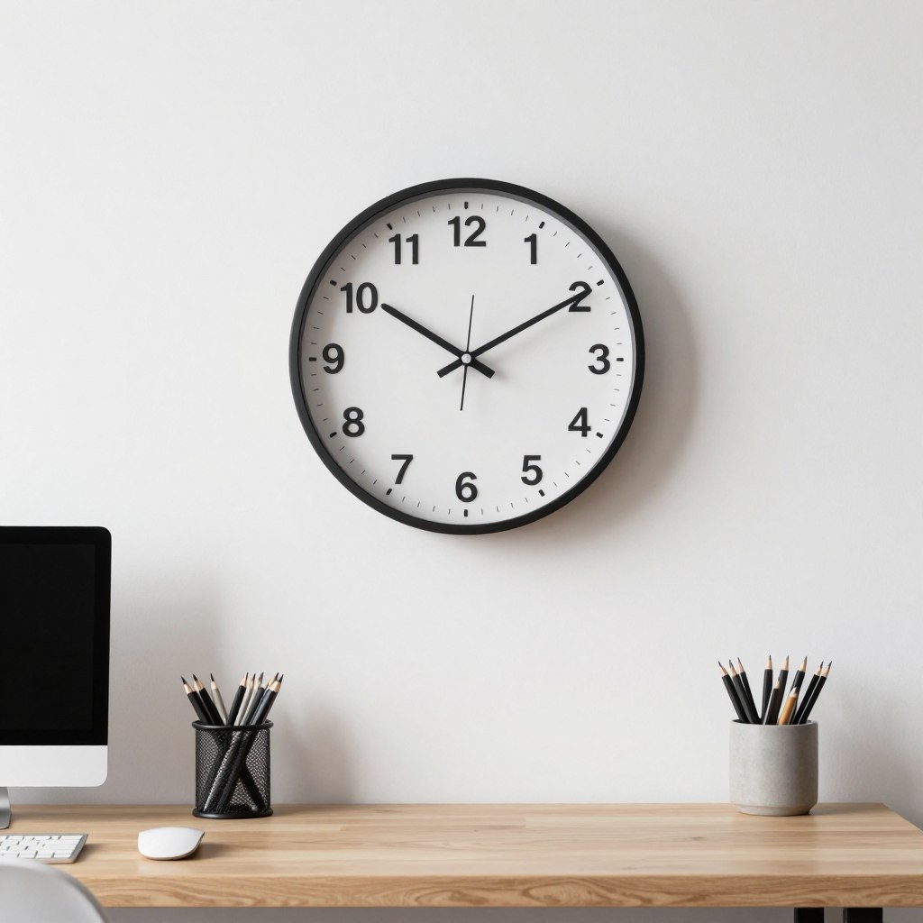 minimalist wall clock above small desk workspace