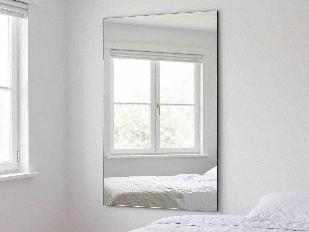 mirror positioned opposite window in small bedroom reflecting natural light