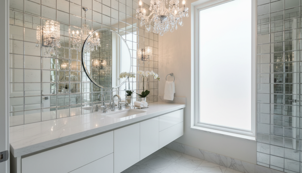 mirror tile backsplash behind vanity reflecting light in small bathroom