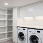 modern basement laundry room ideas with organized storage and bright lighting