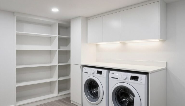 modern basement laundry room ideas with organized storage and bright lighting