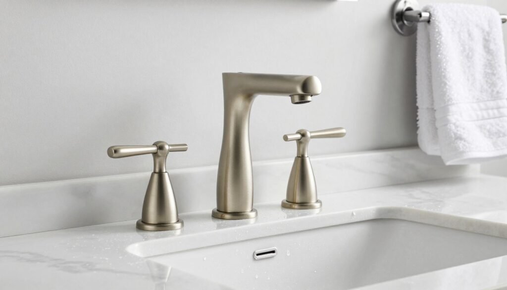 modern bathroom faucet and hardware in brushed nickel finish