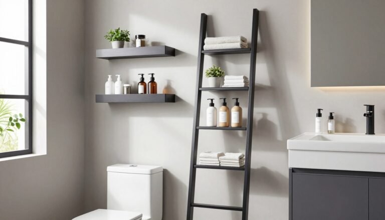 modern bathroom with creative over the toilet storage solutions