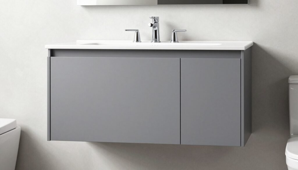 modern bathroom with sleek gray over toilet cabinet