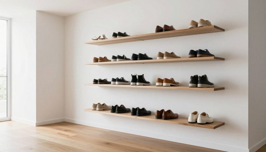 modern entryway with wall mounted shoe storage shelves