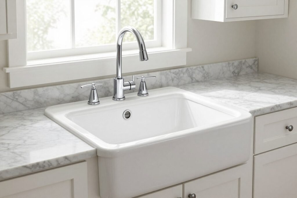 modern farmhouse sink in white laundry room