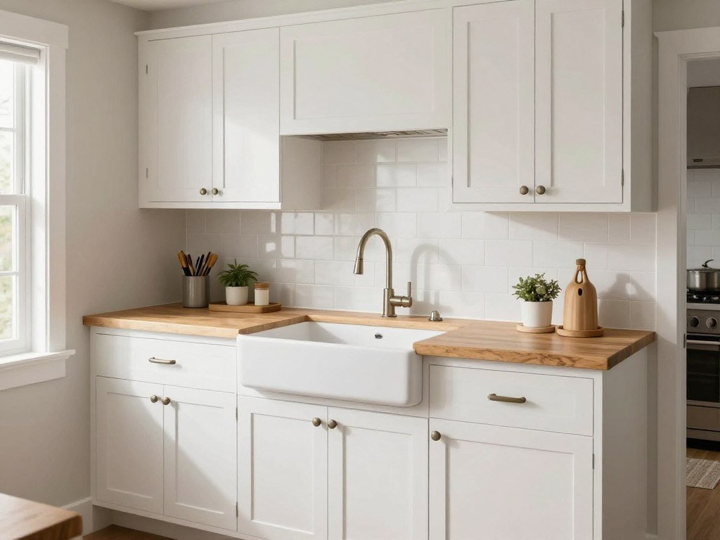 modern farmhouse small kitchen with shaker cabinets and apron sink