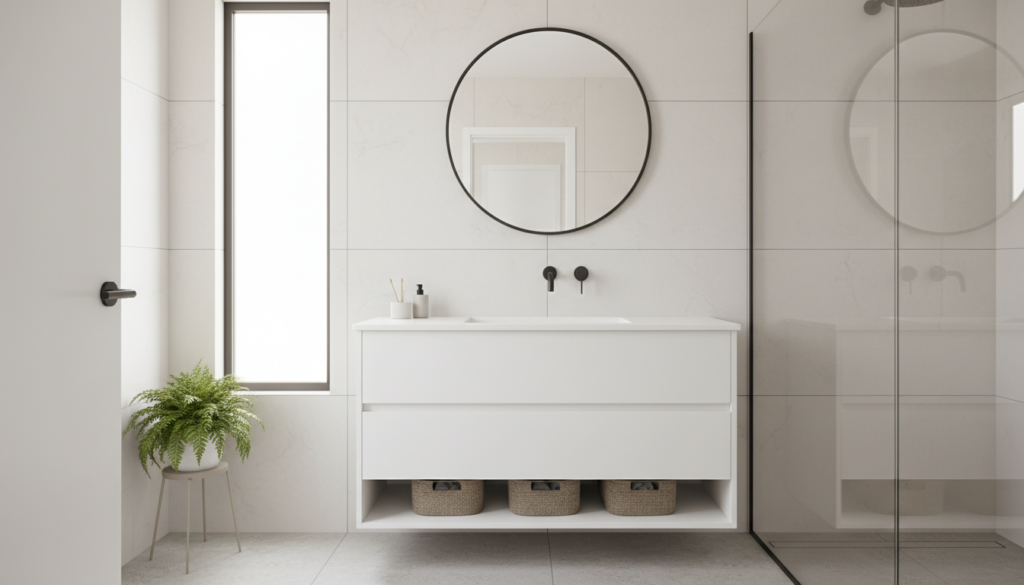 modern floating vanity with drawers and open shelving in small bathroom