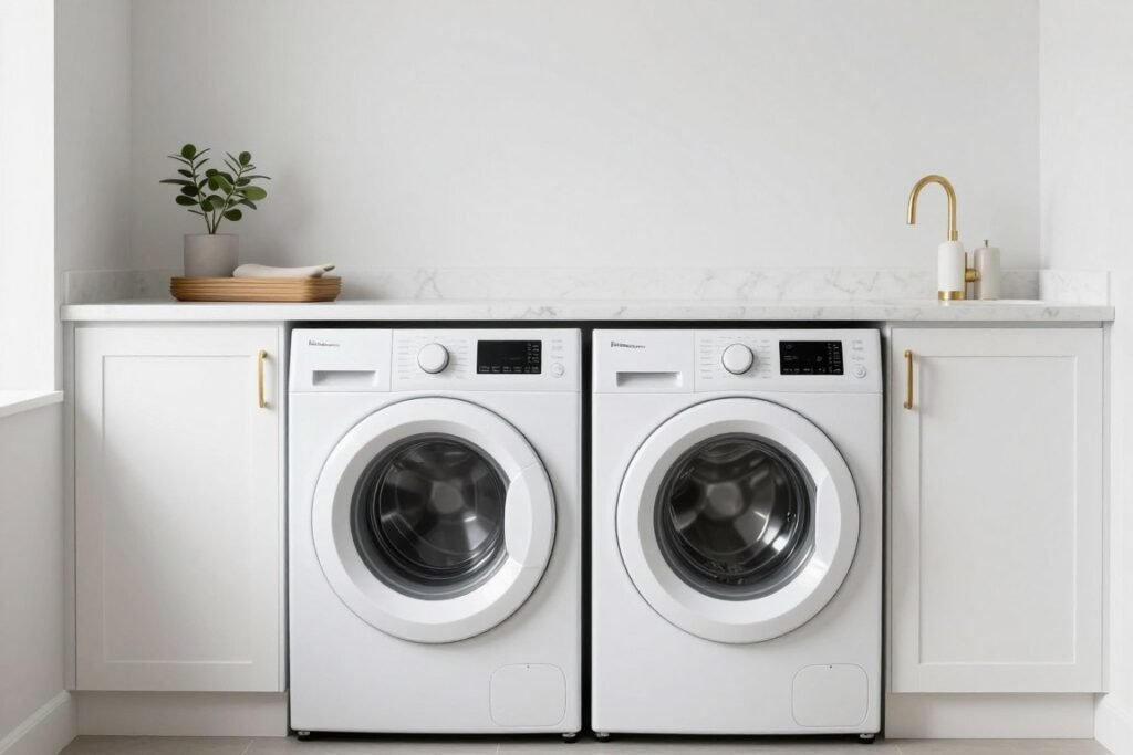 modern front-loading washer and dryer in white laundry room