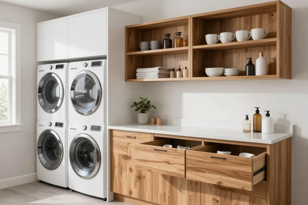 modern laundry room cabinets with open and closed storage