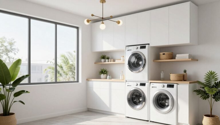modern laundry room decor ideas with white cabinets and organized shelving