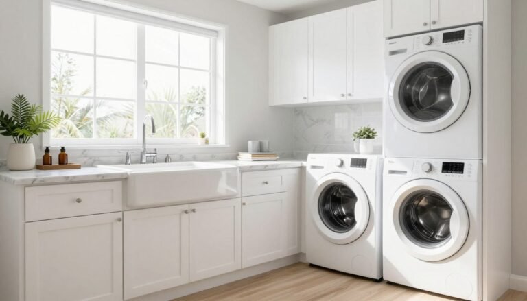 modern laundry room design with white cabinets and natural light