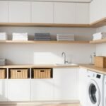 modern laundry room organization storage with white cabinets and floating shelves