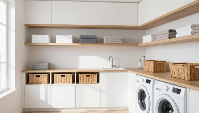modern laundry room organization storage with white cabinets and floating shelves