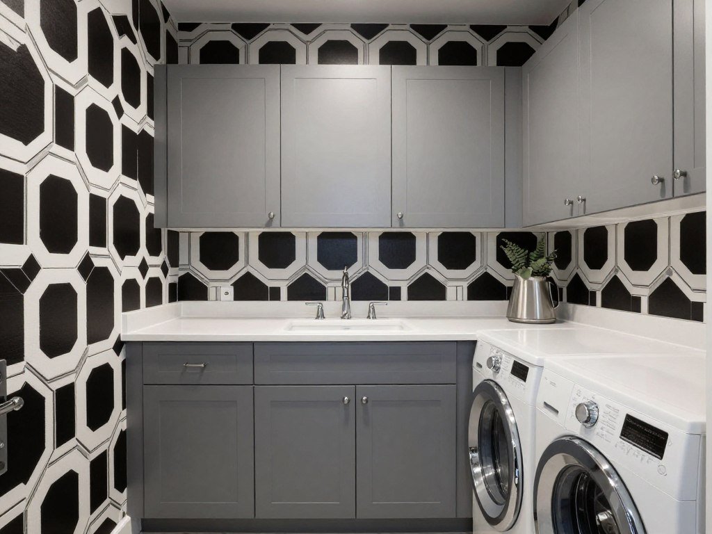 modern laundry room with black and white geometric wallpaper