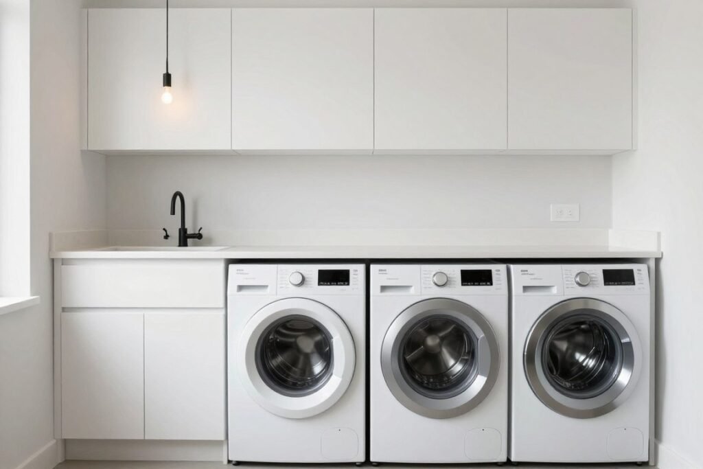 modern laundry room with integrated appliances and quartz countertops modern laundry room with integrated appliances and quartz countertops