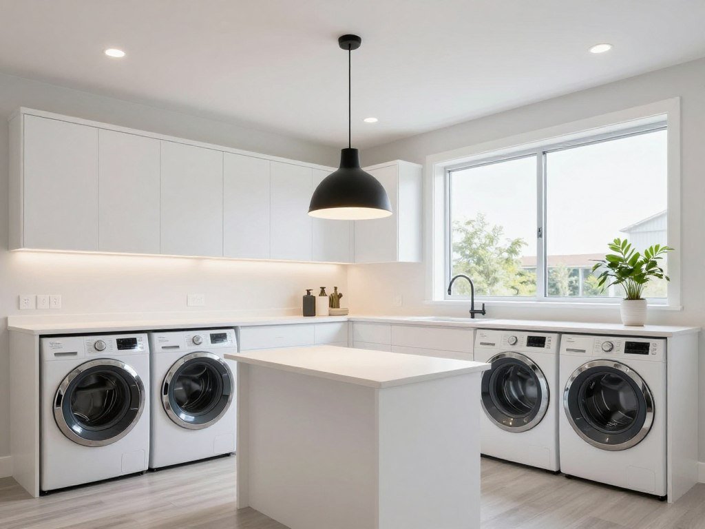 modern laundry room with layered lighting including pendant and recessed lights