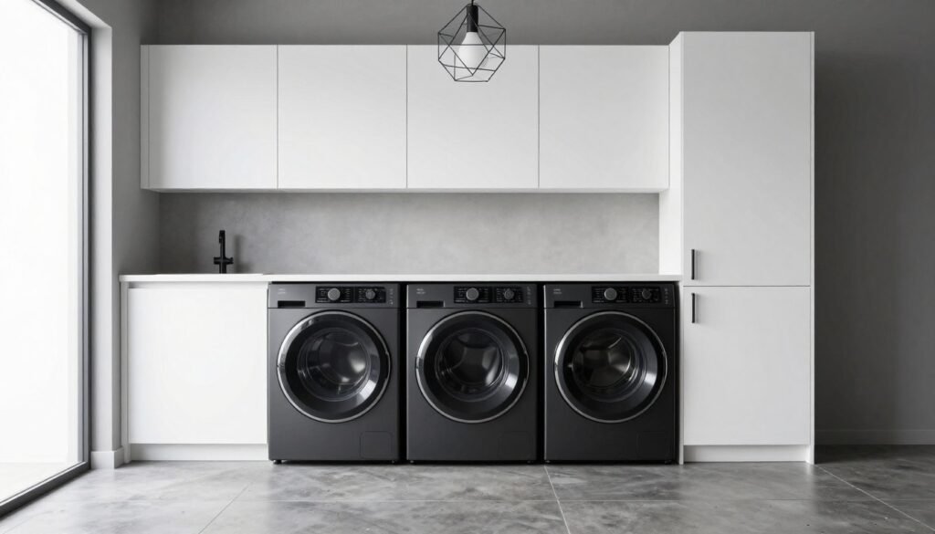 modern laundry room with matte black fixtures and white cabinets