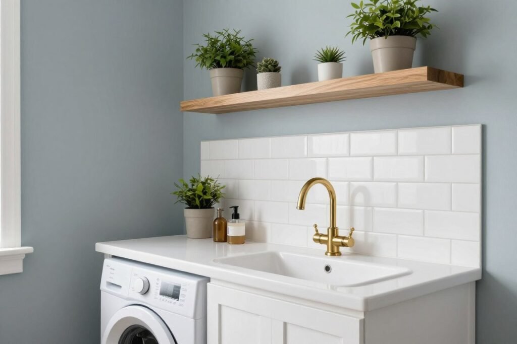modern laundry room with subway tile backsplash and painted walls