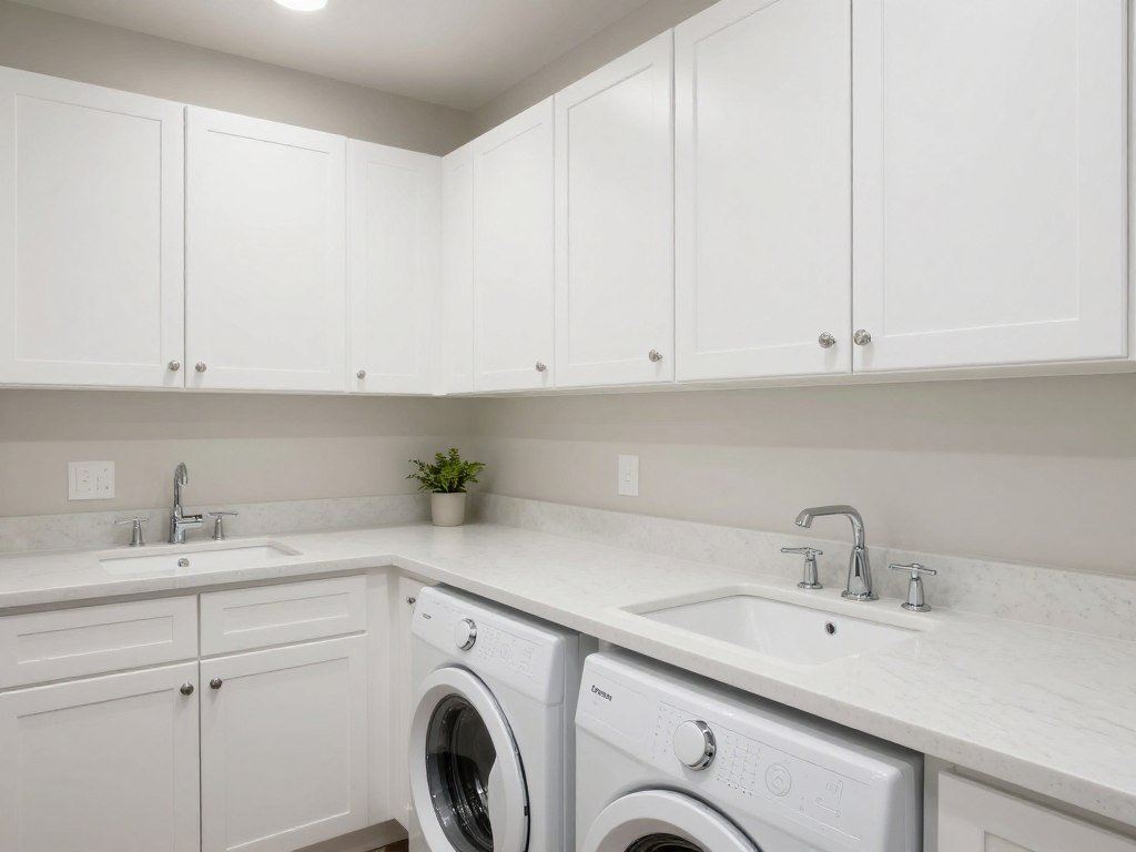 modern laundry room with white quartz countertops