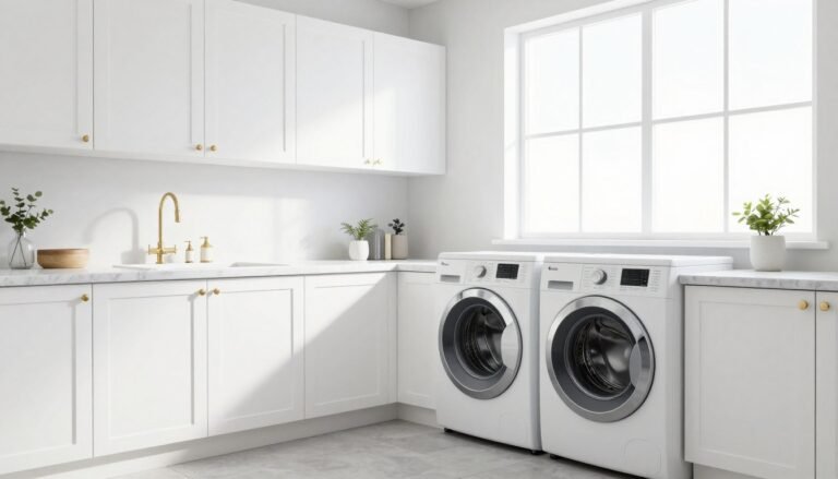 modern laundry rooms with white cabinets and natural light