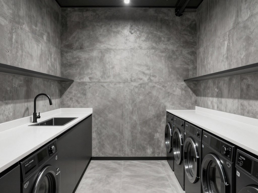 modern laundry space with faux concrete textured wallpaper