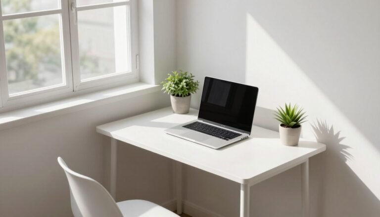 modern minimalist desk setup in small apartment corner with natural light