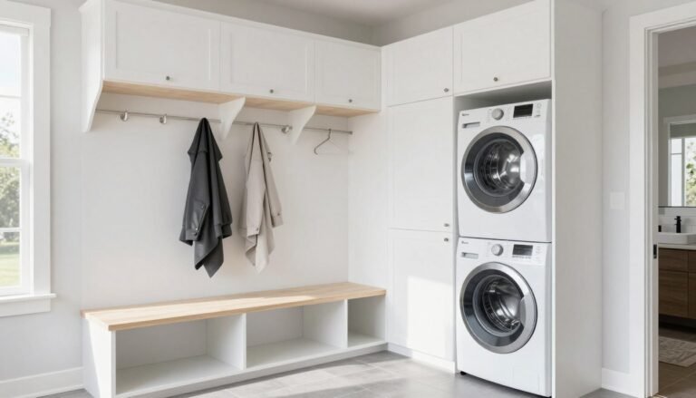 modern mud room laundry room combo with white cabinets and storage solutions