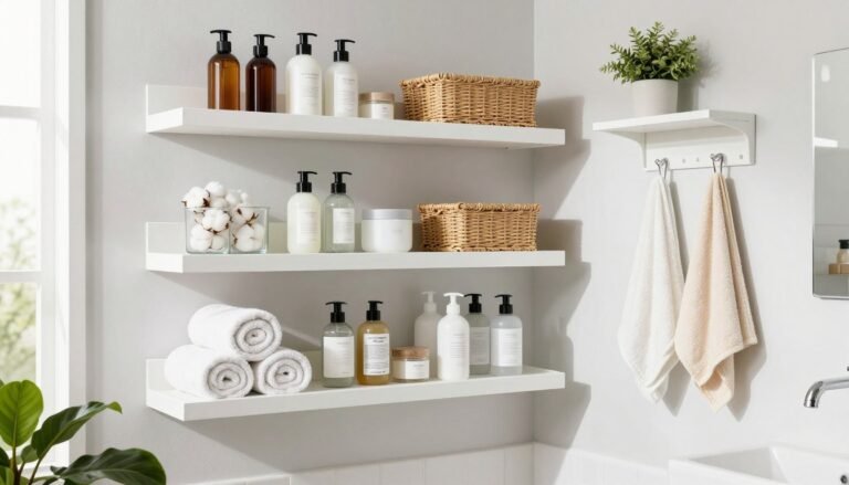 modern organized bathroom storage ideas with floating shelves and cabinet organizers