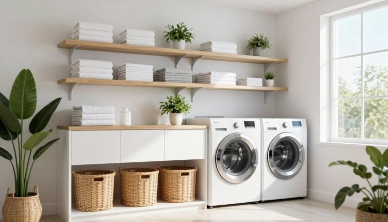 modern organized laundry room with white cabinets and floating shelves