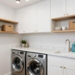 modern organized laundry room with white cabinets and floating shelves displaying storage baskets