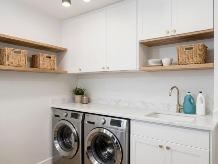 modern organized laundry room with white cabinets and floating shelves displaying storage baskets