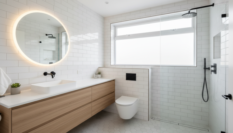 modern small bathroom with efficient layout showcasing smart space utilization