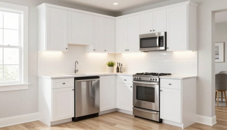 modern small kitchen with white cabinets and efficient layout showcasing kitchen ideas for small spaces