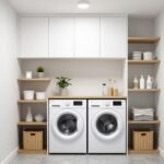 modern stackable washer dryer laundry room with white cabinets and storage shelves