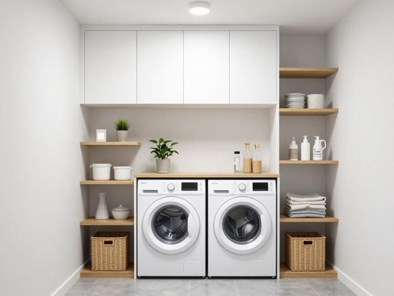 modern stackable washer dryer laundry room with white cabinets and storage shelves